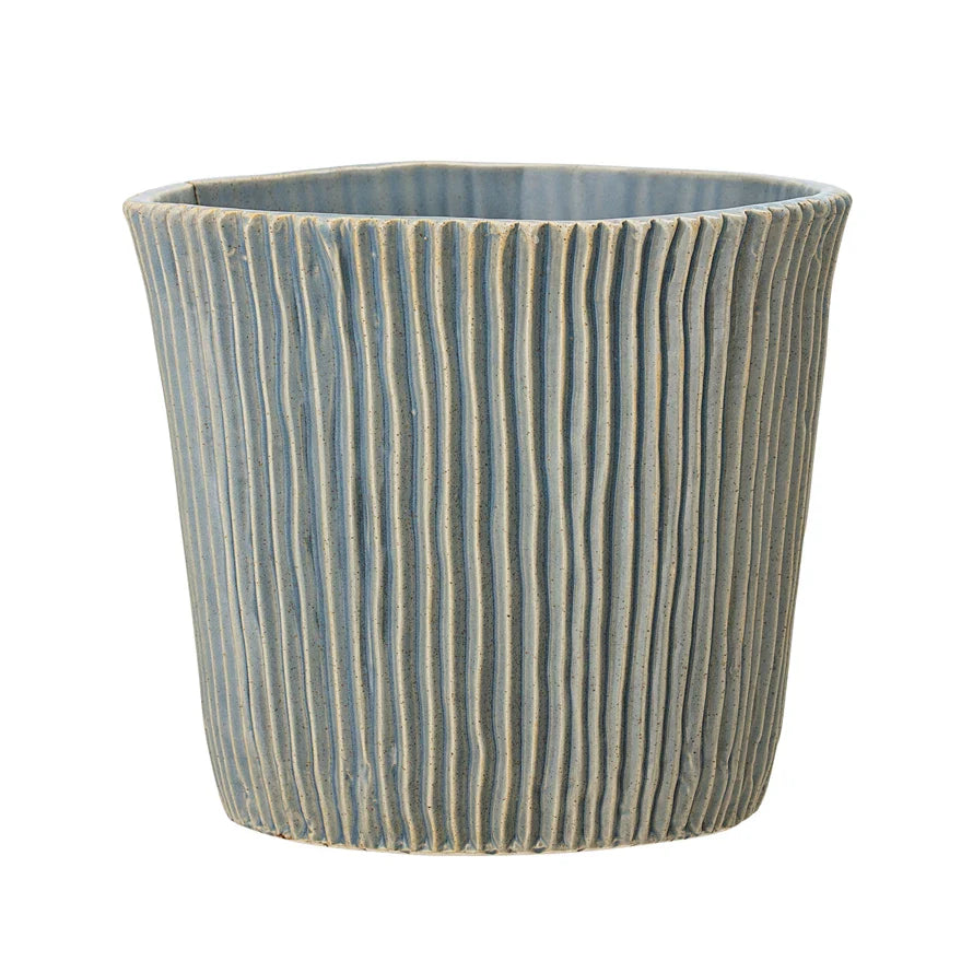Sea Blue Textured Striped Stoneware Planter